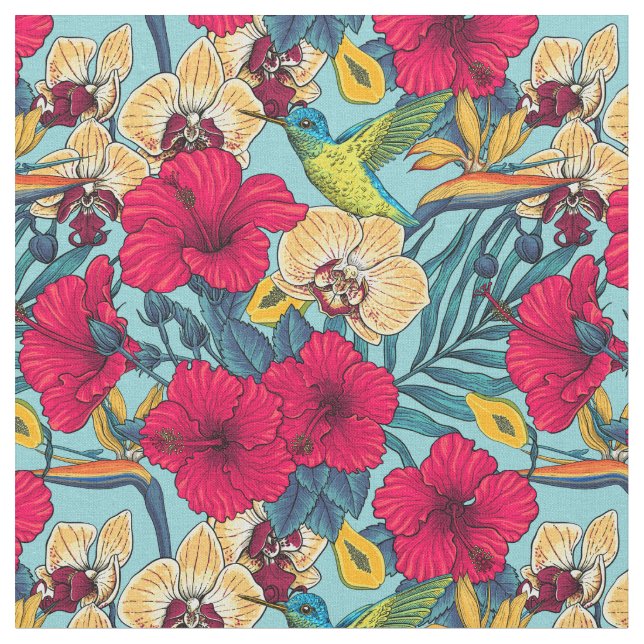 Tecido Flores Tropicais e Beija-flor - Botanica de Verão (Detalhe)