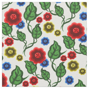 Tecido Flores vermelhas/azuis/douradas/folhas verdes/Folh