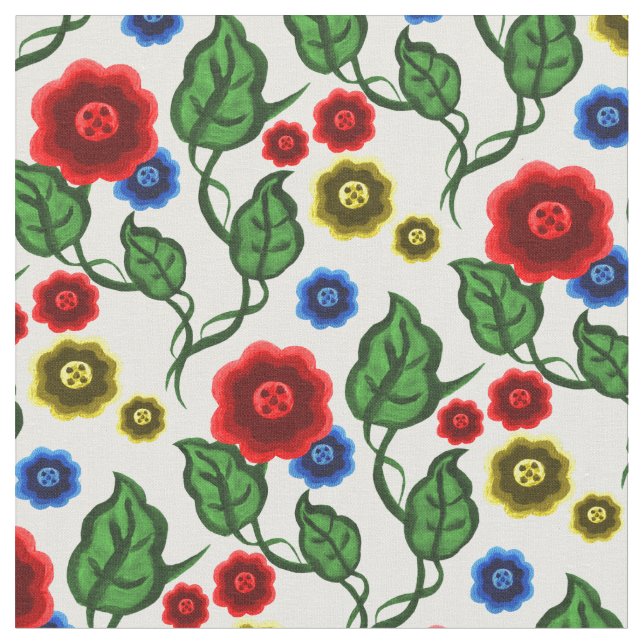Tecido Flores vermelhas/azuis/douradas/folhas verdes/Folh (Detalhe)