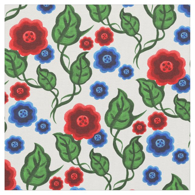 Tecido Flores vermelhas/azuis/folhas verdes/Floral folk (Detalhe)