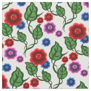 Tecido Flores vermelhas/azuis/rosa/folhas verdes/Folha