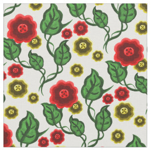 Tecido Flores vermelhas/douradas/folhas verdes/Floral fol