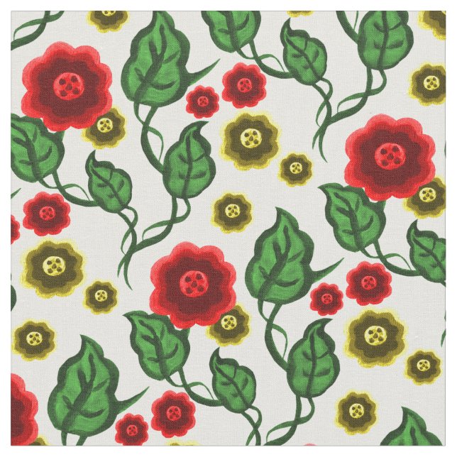 Tecido Flores vermelhas/douradas/folhas verdes/Floral fol (Detalhe)