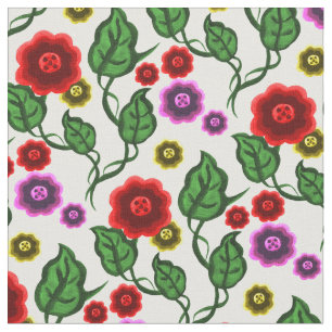 Tecido Flores vermelhas/douradas/rosa/folhas verdes/Folha