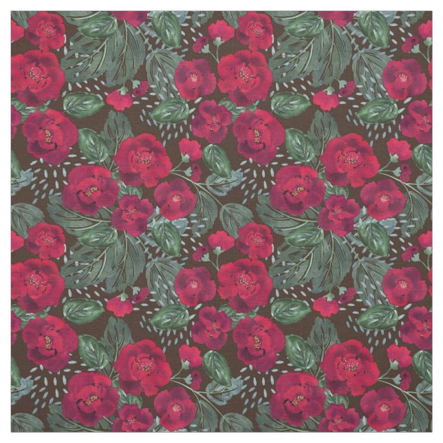 Tecido Flores vermelhas, padrão floral de aquarela. (Modelo)