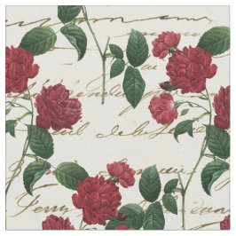 Tecido Flores Vermelhas Vintage e Escrevendo Cursivo sobr