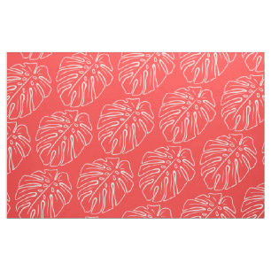 Tecido Folha Tropical Branca Motivo Coral Salmão Vermelho