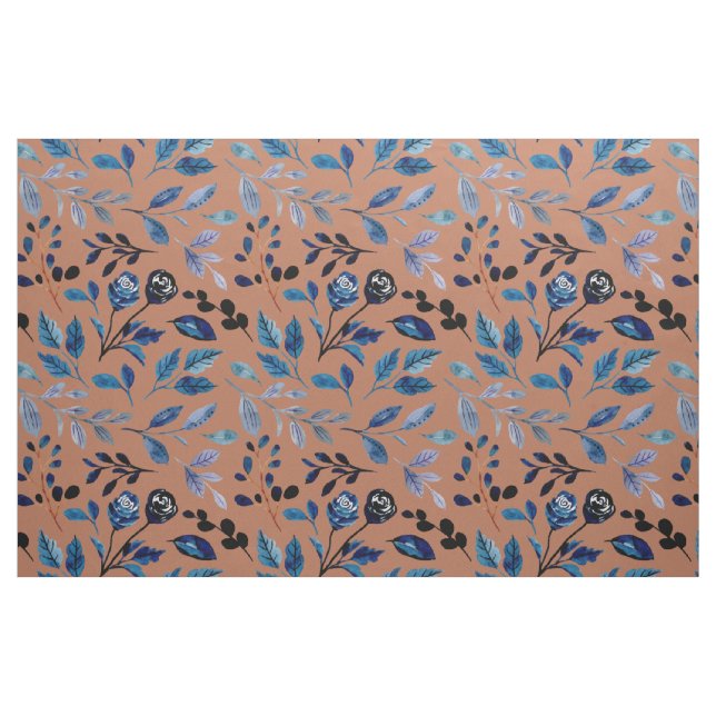Tecido Folhas Azuis Ferrugem Laranja Queimado Botânico (Jarda)