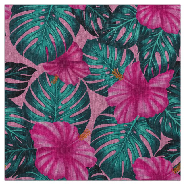 Tecido Folhas de Monstera e Hibiscus Teal e Rosa a Rosa (Modelo)
