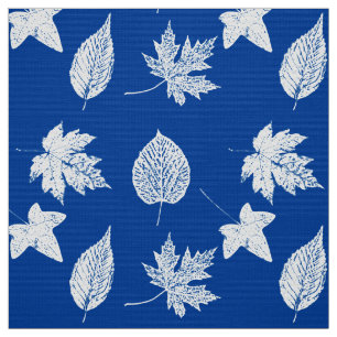 Tecido Folhas de outono - azul cobalto e branco