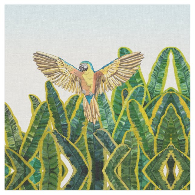 Tecido Folhas de pássaros-amarelos-do-verão Tropicais (Detalhe)