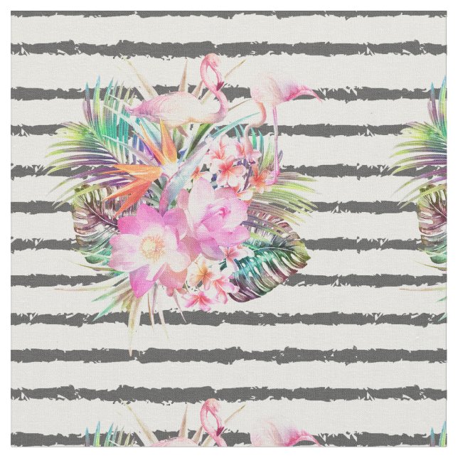 Tecido folhas florais tropicais e listras flamingos (Detalhe)