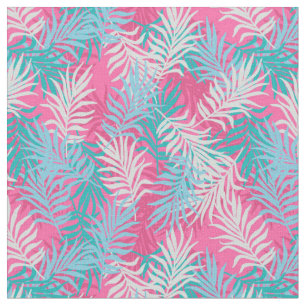 Tecido Folhas tropicais rosa, lacrimogêneas e aqua