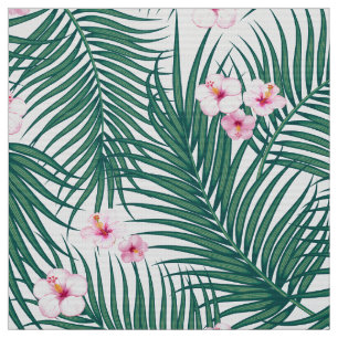 Tecido Folhas Tropicais Verdes com Flores de Hibiscus