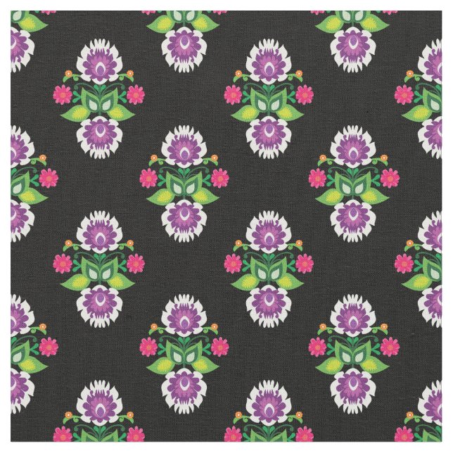 Tecido Folk Flowers - composição em losango - preto (Detalhe)