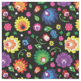 Tecido Folk Flowers - prado de flores em preto