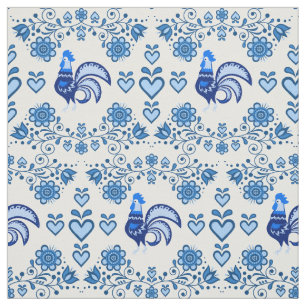 Tecido Folk Rooster/Cockerel azul/azul floral, coração/