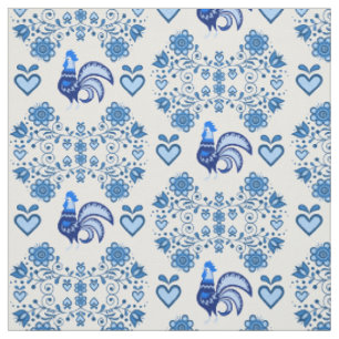 Tecido Folk Rooster/Cockerel/blue floral, corações de 4