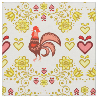 Tecido Folk Rooster/Cockerel gold/floral, corações/4"