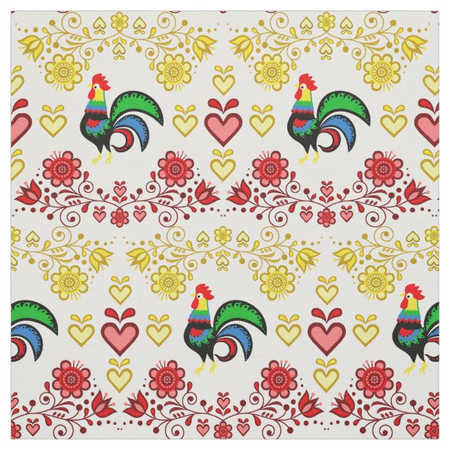 Tecido Folk Rooster/Cockerel gold/red floral, corações/4" (Modelo)
