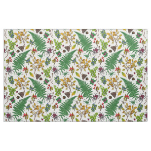Tecido Framboesas, folhas e insetos em branco