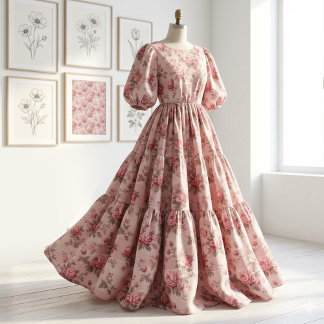 Tecido French Toile de Jouy Pink Floral Rococo Rose Theme