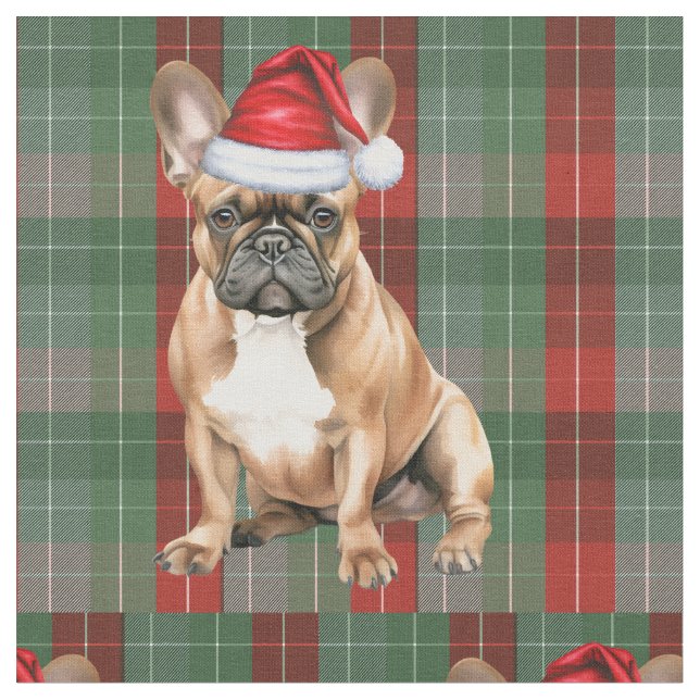Tecido Frenchie Dog with a Red Green Plaid Holiday Fabric (Detalhe)