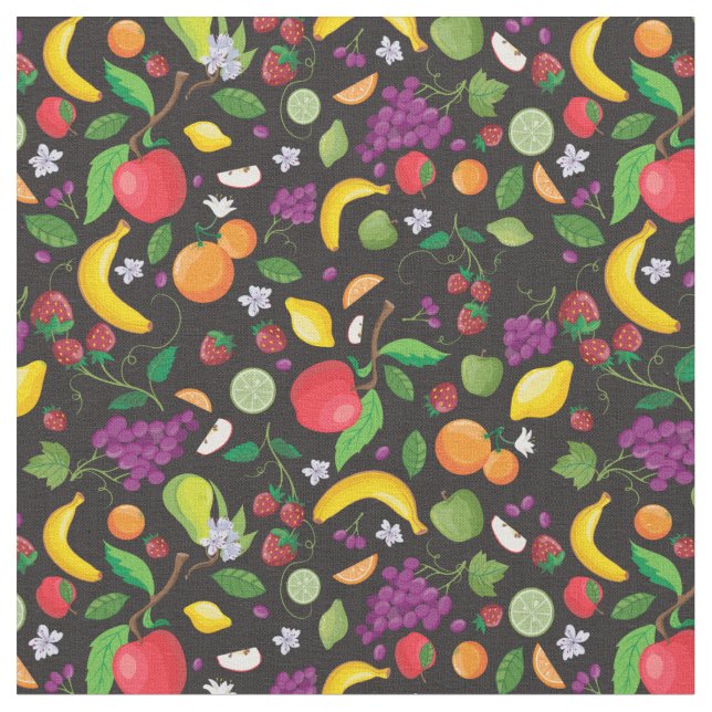 Tecido Fruitopia Impressão, Fruta fresca no chão negro Fa (Detalhe)