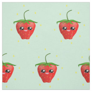 Tecido fruta de morango vermelho kawaii em azul