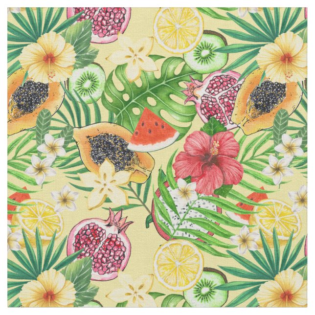 Tecido Frutas tropicais, flores e folhas em amarelo (Detalhe)