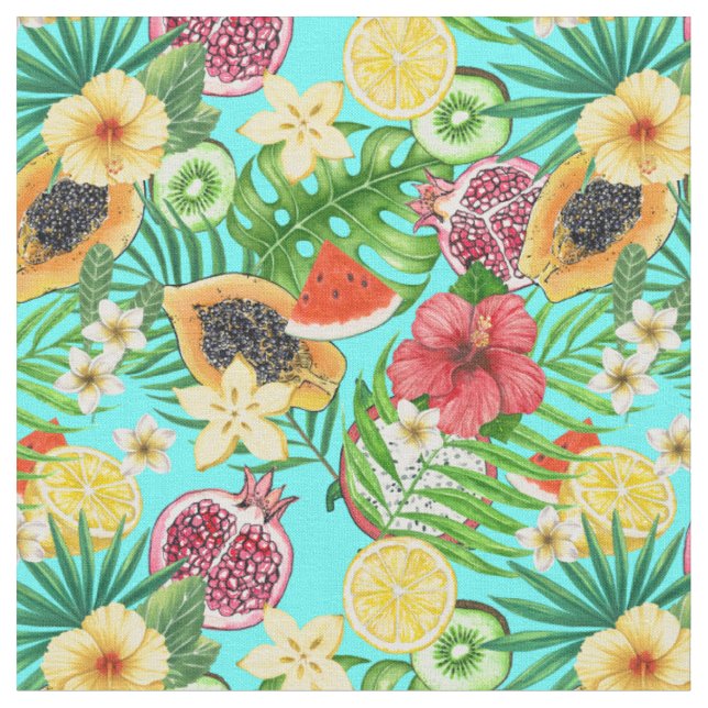Tecido Frutas tropicais, flores e folhas em azul (Detalhe)