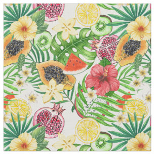 Tecido Frutas tropicais, flores e folhas em branco