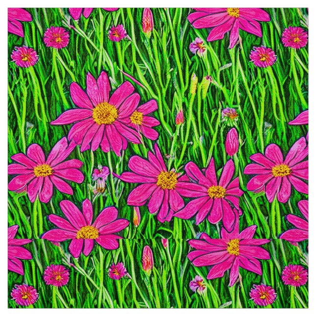 Tecido Fuchsia Rosa Flores Selvagens em Campo (Modelo)