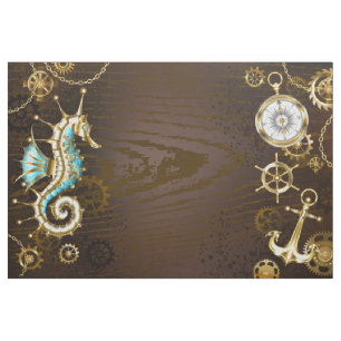 Tecido Fundo de madeira com cavalo de mar mecânico