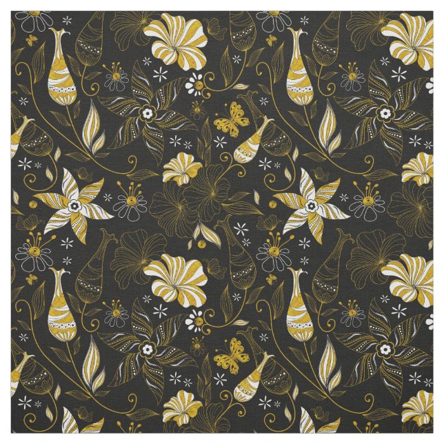 Tecido Fundo floral ouro preto-branco (Modelo)