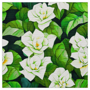 Tecido Gardenias brancas e folhas verdes de jade