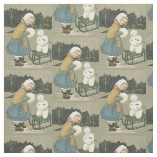 Tecido Garota Snowman Sleigh Snow Woods