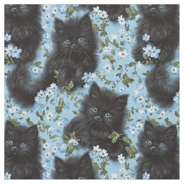 Tecido Gatinhos Pretos Fluffy e Flores Padrão Invisível (Detalhe)