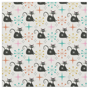 Tecido Gato Atômico Negro de meio século com Starbursts