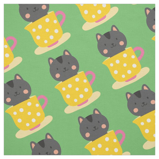 Tecido Gato bonito na caricatura do teacup na menta (Modelo)