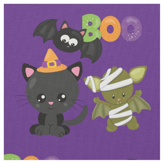 Tecido Gato de Halloween, Bat e Mummy Boo (Detalhe)