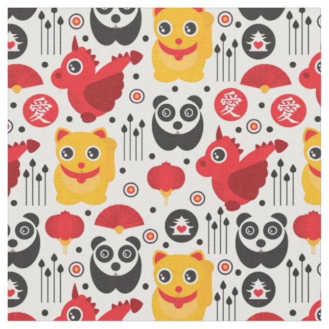 Tecido Gato, dragão, e panda afortunados de China (Detalhe)