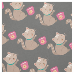 Tecido Gato giro na caricatura do teacup na menta
