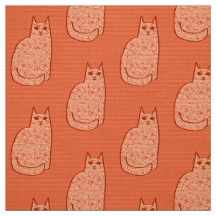 Tecido Gato Moderno de Meados do Século, Coral Laranja e