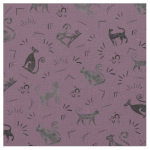 Tecido Gatos de Arte Rupestre em Magenta Cinza Escuro