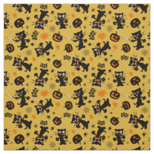 Tecido Gatos de Dia das Bruxas Pretos Grumpy e Pumpkins S