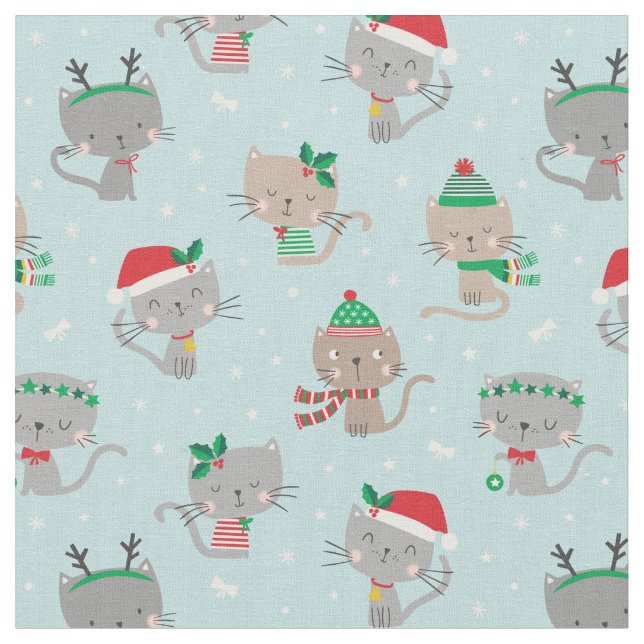 Tecido Gatos de Natal bonitos em azul claro (Detalhe)