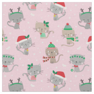 Tecido Gatos de Natal bonitos em rosas claro