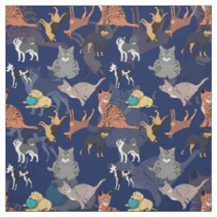 Tecido Gatos E Cachorros Padrão Desenho Em Azul