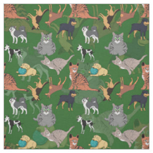 Tecido Gatos E Cachorros Padrão Design Em Verde